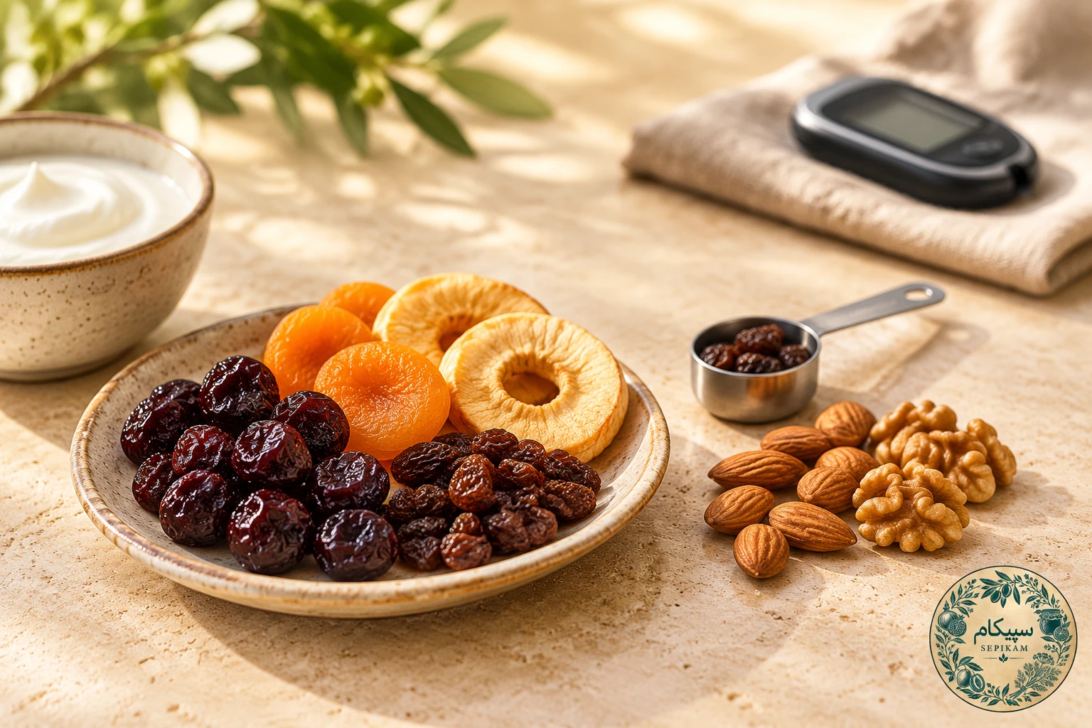 چیدمان سلامت‌محور ماکت رژیمی شامل میوه خشک طبیعی، مغزهای مقوی، ماست و ابزار سنجش قند خون برای مدیریت هوشمندانه رژیم غذایی سپیکام