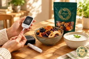 بررسی تاثیر قند میوه خشک بر قند خون و کنترل وزن، همراه با ظرف میوه خشک، ماست و دستگاه تست قند خون - سپیکام
