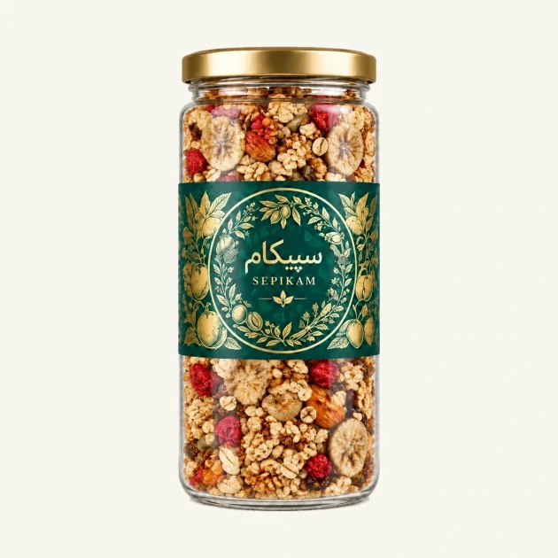 گرانولا سپیکام در بسته بندی شیشه ای بلند با درب طلایی