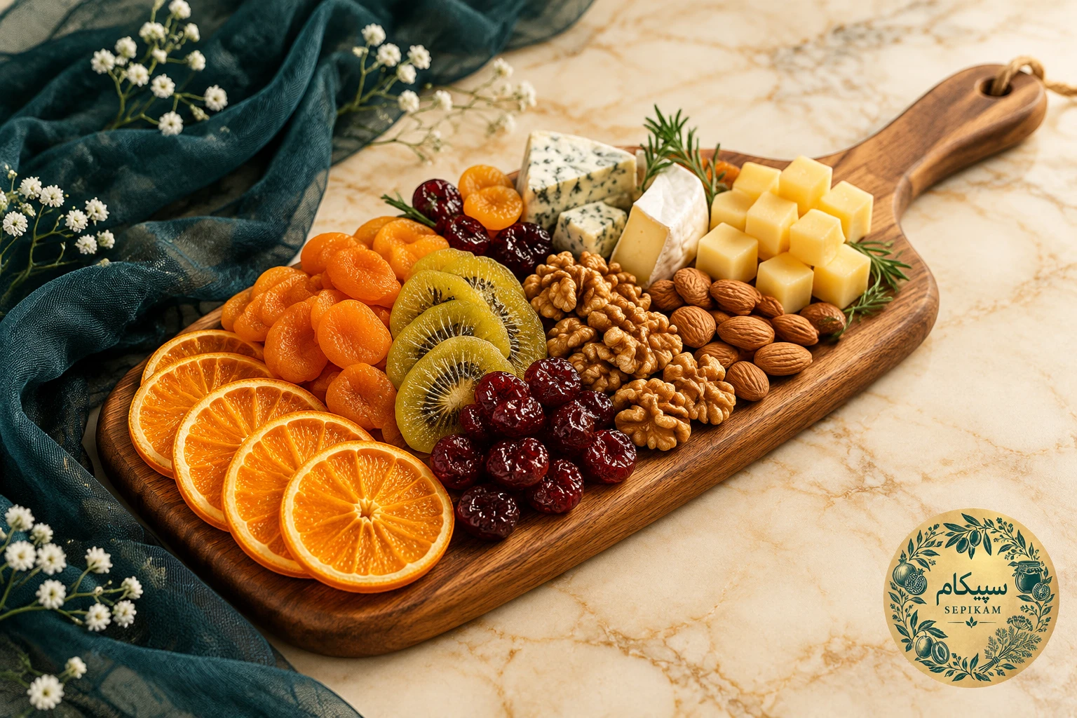 چیدمان لوکس میوههای خشک سپیکام روی تخته مزه چوبی و میز مرمر همراه با پارچه توری سبز کلهغازی