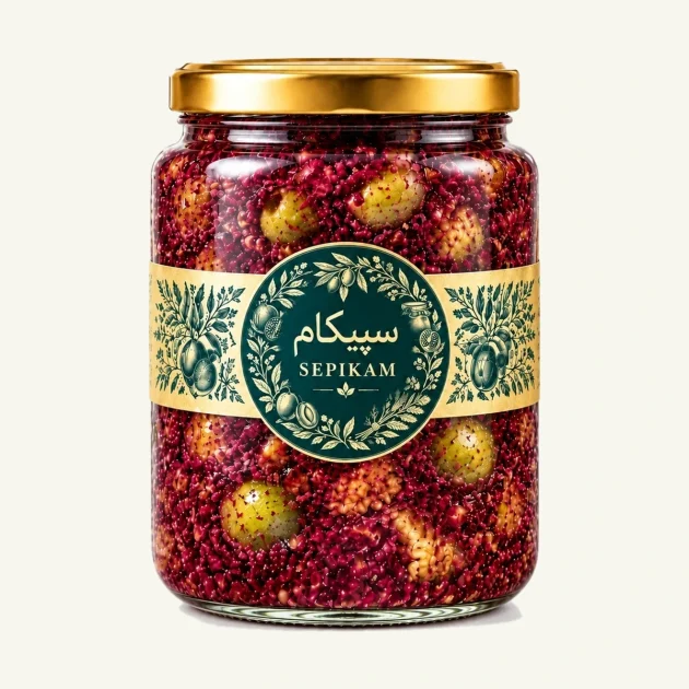 زیتون پروده سپیکام در بسته بندی جار شیشه ایی با درب طلایی