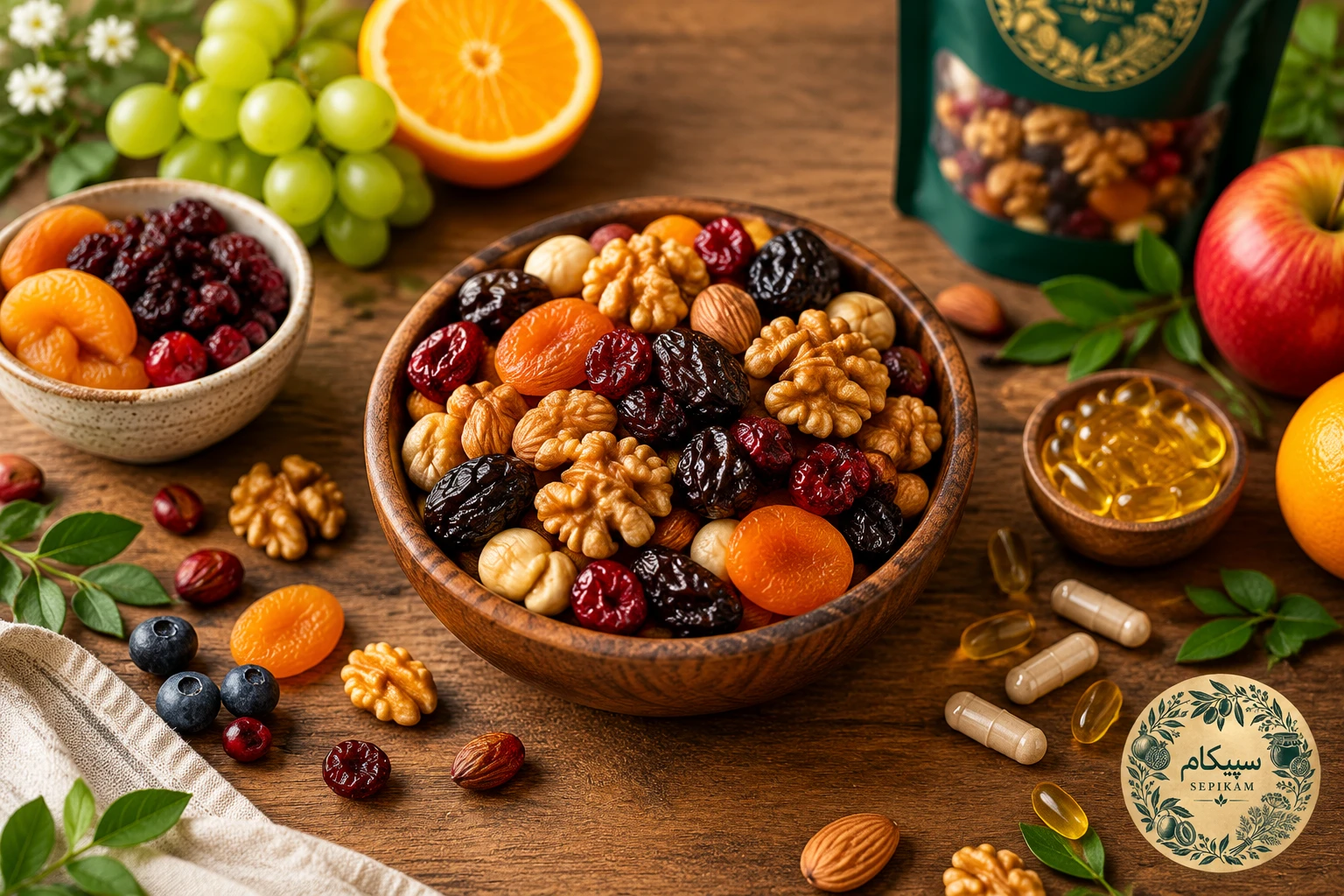 کاسه چوبی پر از آجیل و میوه خشک مخلوط سپیکام همراه با میوه‌های تازه و بسته‌بندی محصول