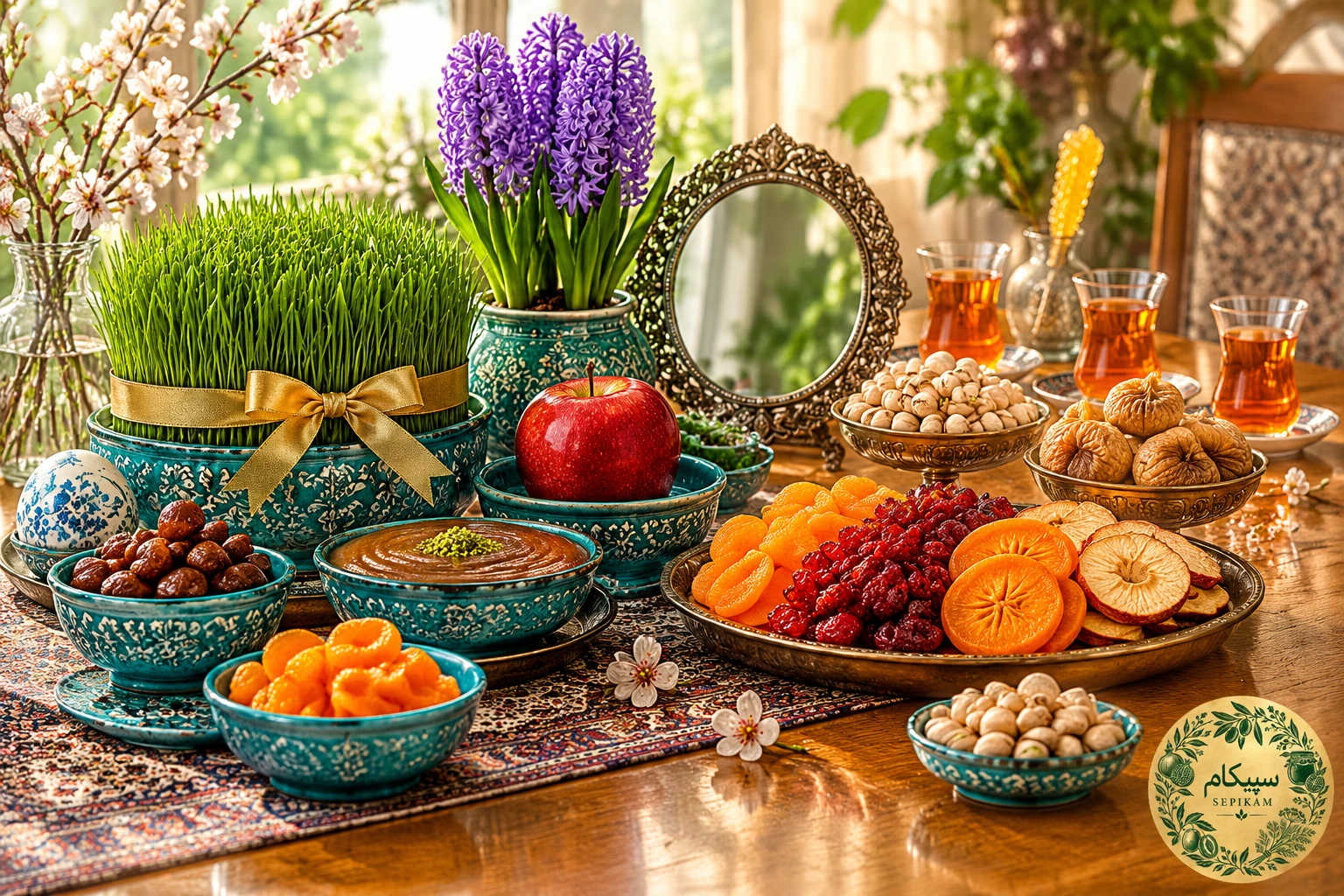 عکاسی ادیتوریال و لوکس پذیرایی نوروزی و سفره هفت‌سین سپیکام با میوه خشک‌های اعلا، سبزه، سنبل، آینه سنتی و چای زعفرانی روی میز چوبی